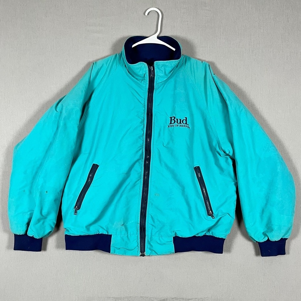 Vintage Budweiser Bud King of Beers Jacket Men's Turquoise Emb. USA Promo Zip Up